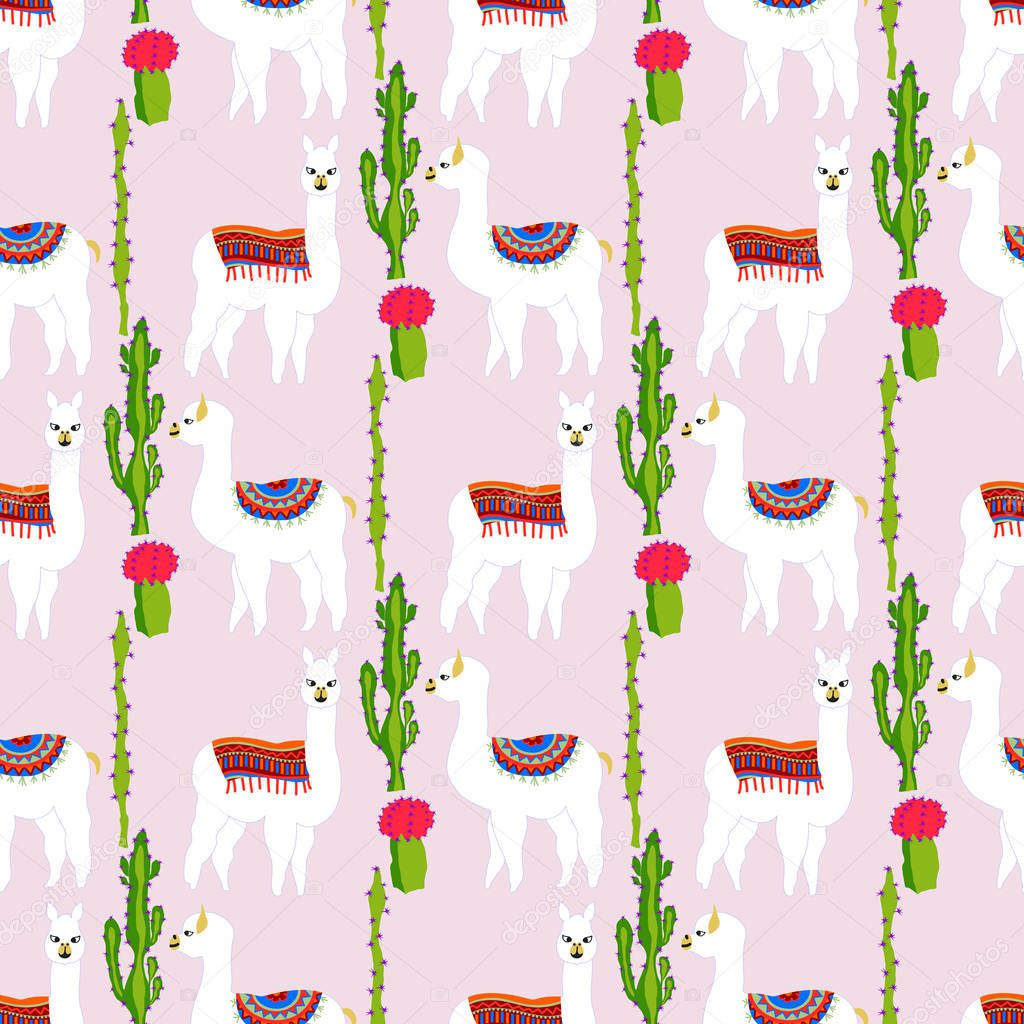 Seamless pattern with cute llama, castus and flower. Vector abstract background for kid. Hand drawn lama design with sweet cacti. 