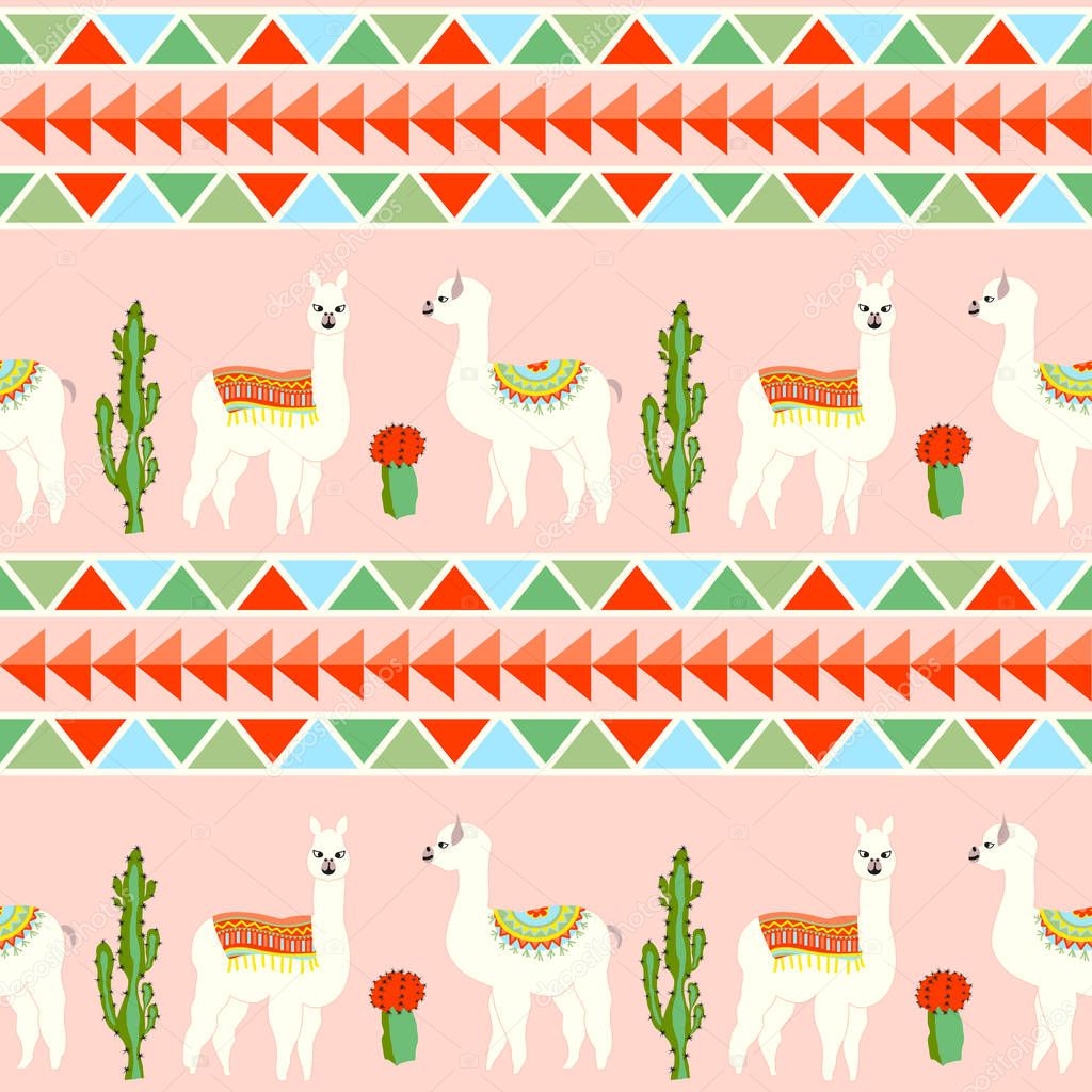 Seamless pattern with cute llama, castus and flower. Llama, cactus, flower pattern with Aztec geometric striped background
