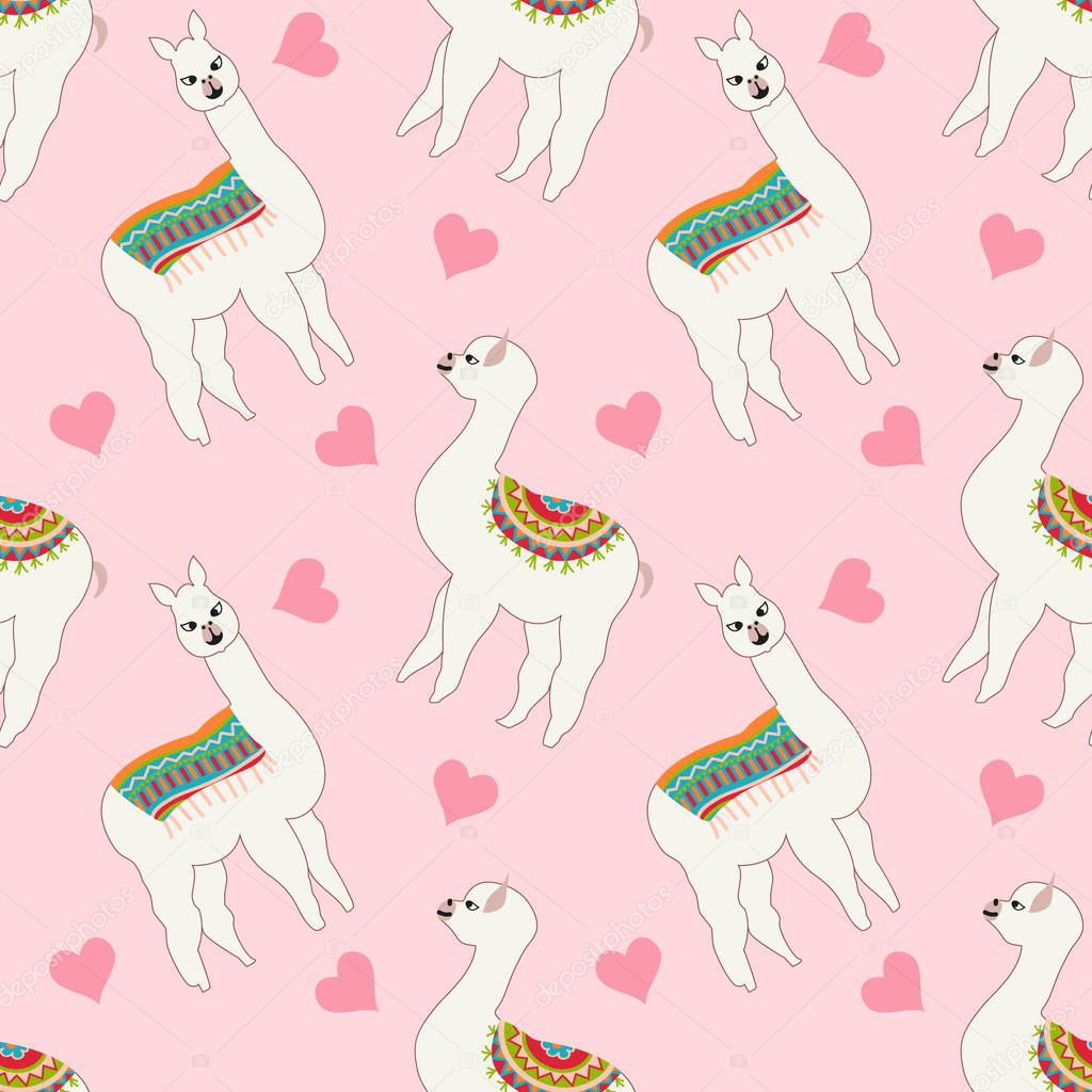 Seamless pattern with cute llama  and heart. Vector abstract background for kid. Hand drawn lama design with sweet heart icon