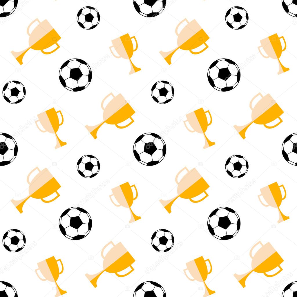 Seamless pattern with soccer ball and winner cup. Vector football background