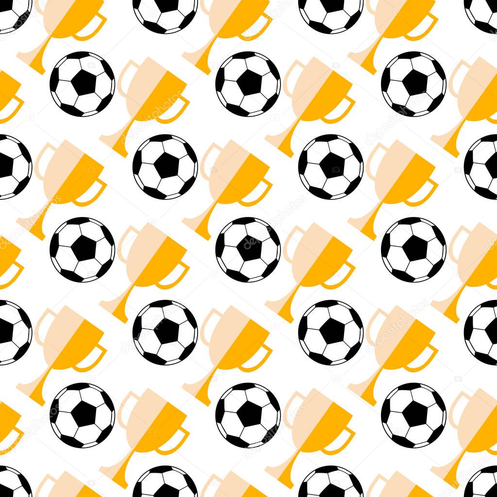 Seamless pattern with soccer ball and winner cup.