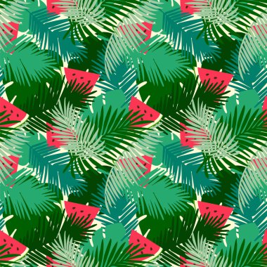  Orman yaprakları ve karpuz meyve çiçek arka plan ile tropikal seamless modeli. 