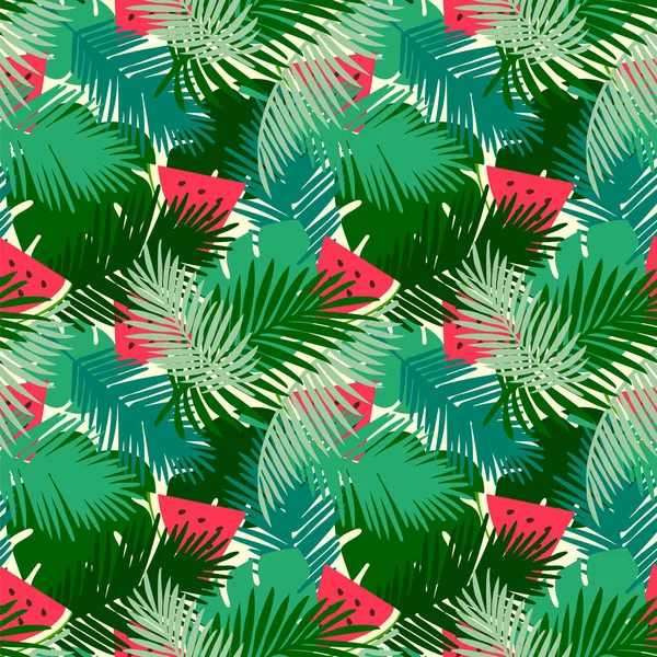 ジャングルの中で熱帯のシームレスなパターンを残し スイカ果実の花の背景 — ストックベクタ