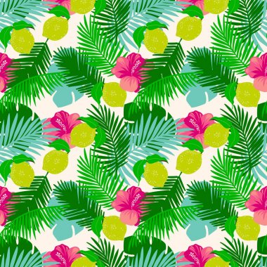 Limon tropikal yaprak, hibiscus çiçek ile Seamless modeli. Beyaz bir arka plan üzerinde orman yaprakları.  