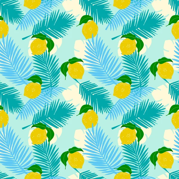 Seamless Pattern Lemon Tropical Leaves Flowers Jungle Leaves Soft Blue — Stock Vector