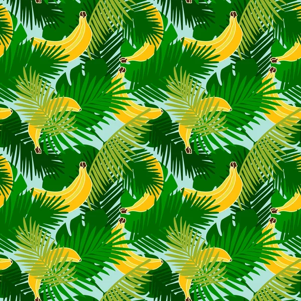 Padrão Sem Costura Banana Com Folhas Tropicais Selva Mão Desenho — Vetor de Stock
