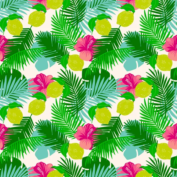 Seamless Mönster Citron Med Tropiska Löv Hibiscus Blommor Djungel Blad — Stock vektor