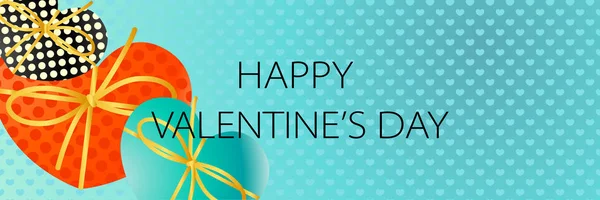 Bannière joyeuse Saint-Valentin avec boîtes cadeaux en forme de coeur, ruban — Image vectorielle