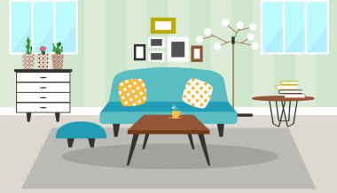 Oturma odasının iç tasarımı. Modern aile evi dekoratörü.