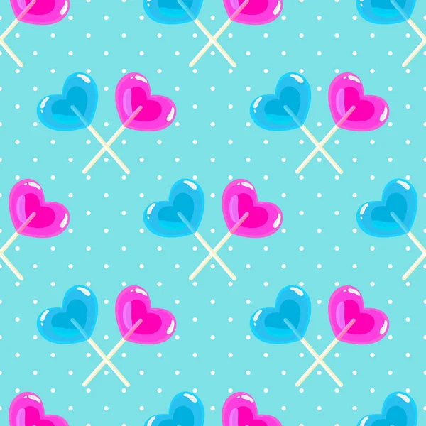 Valentines day pattern with heart shape sweet lollipop sticks on — Stock Vector