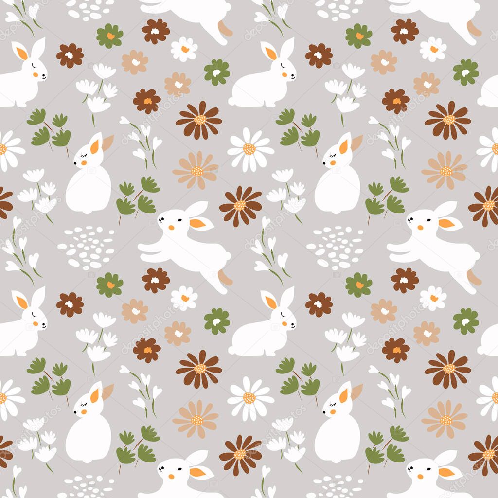 Spring, Easter vector seamless pattern cute pastel color retro rabbits, leaves and blossom little flowers. Easter bunny background