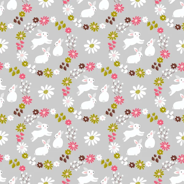 Spring Easter Vector Seamless Pattern Cute Retro Rabbits Wreath Leaves — Stock Vector