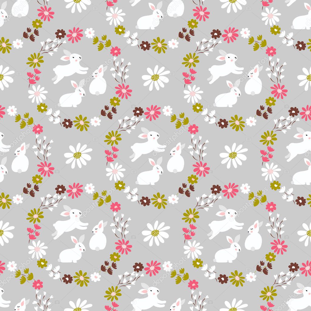 Spring, Easter vector seamless pattern cute retro rabbits, wreath of leaves and blossom little flowers. Easter bunny background.  Countryside, shabby chic style pattern