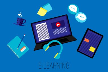E-öğrenme, dijital, çevrimiçi sınıf konsepti, sosyal uzaklık, bilgisayar, kulaklık, tablet işyeri tasarımı
