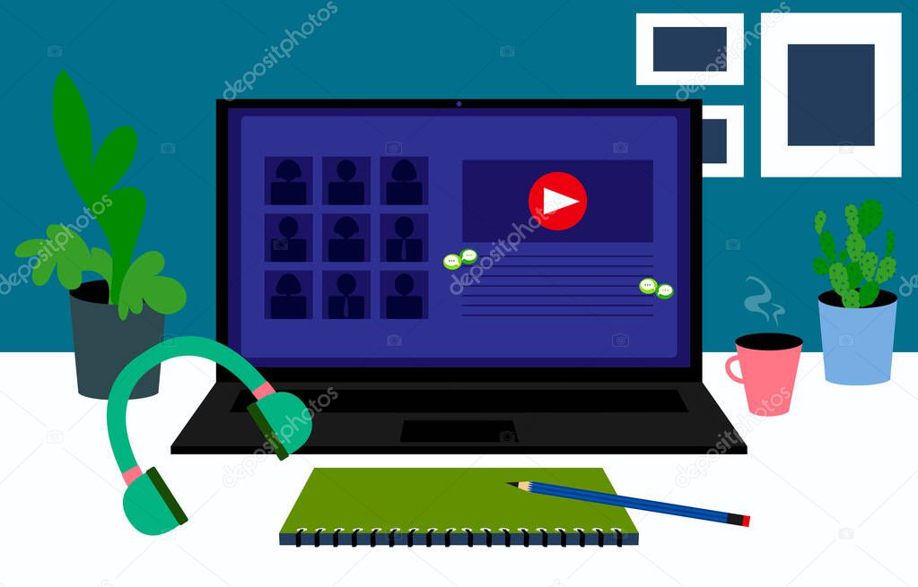 Video conferences concept design, online meeting, working at home, home office equipment with notebook, pencil, headphone, coffee, picture, plants