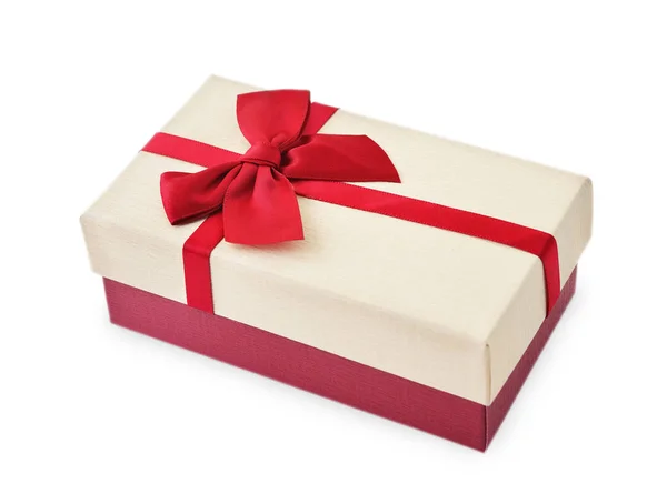 Box decorated with red ribbon Stock Picture