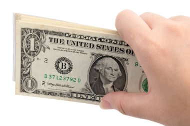 Beyaz bir arka plan üzerinde izole para ile el