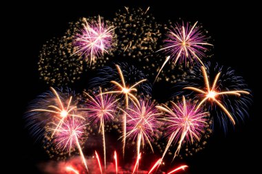 Kutlama için kara gökyüzü arka planında soyut havai fişekler, anni