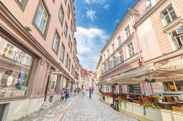 Algunos turistas están caminando en una típica calle comercial en Tallin, Estonia . — Foto de Stock