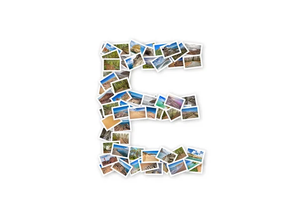 Bokstaven E versaler teckensnitt form alfabetet collage gjorda av min bästa landskap fotograferar. Version 1. — Stockfoto