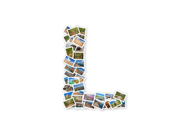 Letra L mayúscula forma de fuente collage alfabeto hecho de mis mejores fotografías de paisaje. Versión 1 . — Foto de Stock