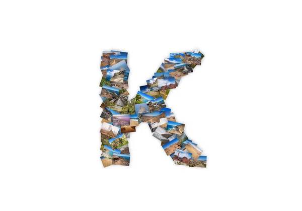 Bokstaven K versaler teckensnitt form alfabetet collage gjorda av min bästa landskap fotograferar. Version 3. — Stockfoto