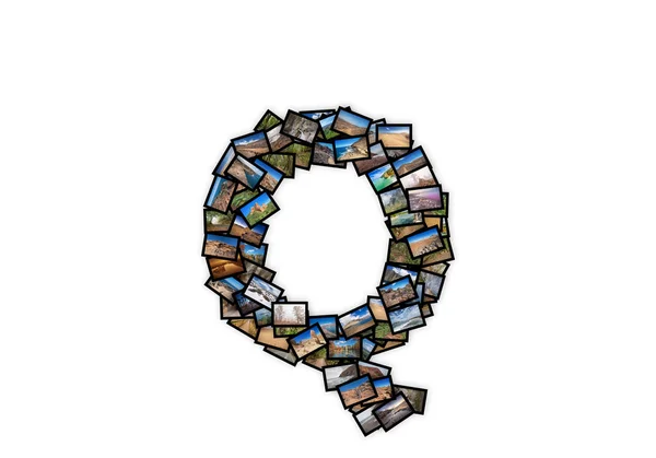 Q betű nagybetűs betűtípussal alak ábécé collage gyártott az én-m legjobb táj fényképek. 2-es verzió. — Stock Fotó