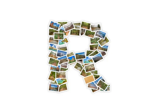 Letter R hoofdletters lettertype alfabet collage van de vorm gemaakt van mijn beste landschapsfoto's. Versie 1. — Stockfoto