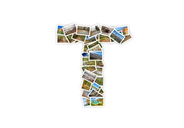 Litera T wielkimi literami czcionki kształt alfabet kolaż z moich najlepszych zdjęć krajobrazowych. Wersja 1. — Zdjęcie stockowe