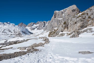 Kış manzara Picos de Europa Dağları, Cantabria, İspanya.