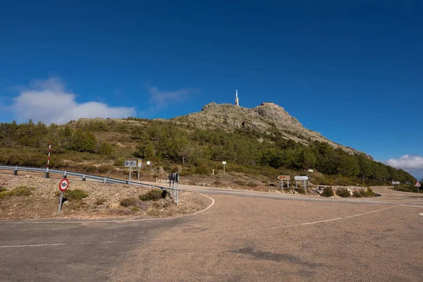Mountain landscape, Road sign indication to Pena de Francia famous destination in Salamanca, Spain.