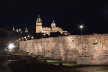 Gece görünümü Salamanca Katedrali ve Roma köprü Tormes r üzerinde