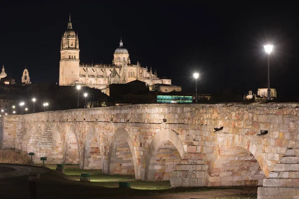 Vista nocturna de la catedral de Salamanca y puente romano sobre Tormes r — Foto de Stock