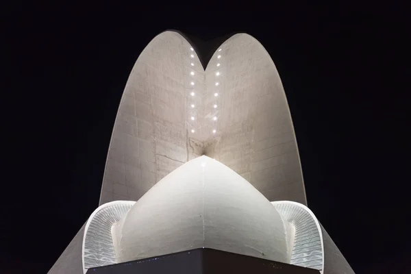 Santa Cruz de Tenerife, İspanya - 12 Şubat 2018: ünlü dönüm noktası Tenerife bina Auditorium, fütüristik ve ilham organik şekillerde gece sahne detay Santiago Calatrava tarafından tasarlanmıştır. — Stok fotoğraf