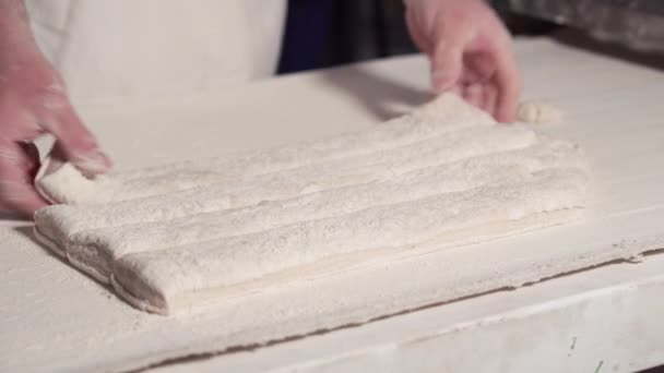 Pane sulla linea di produzione nel panificio. Pane crudo nel panificio nel nastro trasportatore. Pane panificio produzione alimentare con prodotti freschi . — Video Stock