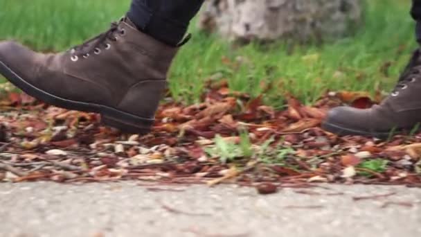 革の靴を履いた若者が落ち葉の道を歩いている。秋だアウトドアシティウォークコンセプトスローモーション. — ストック動画