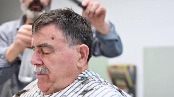 Styliste pulvérise les cheveux de l'homme âgé avec de l'eau. Styliste professionnel fait coiffure moderne pour homme âgé dans le salon de coiffure. Coiffeur pulvérise les cheveux masculins avec de l'eau . — Video