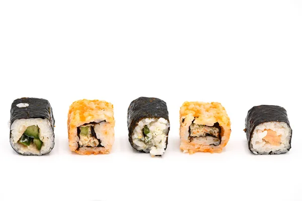 stock image Close Up Of Various Types Of Japanese Fresh Prepared Sushi on white isolated background.