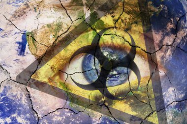 Coronavirus küresel salgını ve karantina konsepti. Çatlak dünya haritası ve biyolojik tehlike sembolüyle kadın yüzünün yaratıcı bir bileşimi.. 