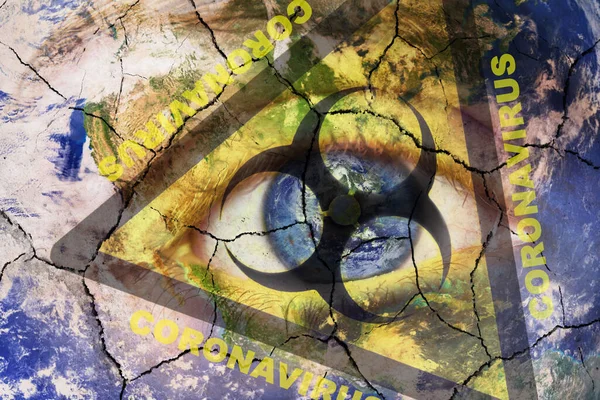 Coronavirus global Pandemic outbreak and quarantine concept. Creative composite of of woman face with cracked World map painted, and biohazard symbol, with the text Coronavirus. — Stock Photo, Image