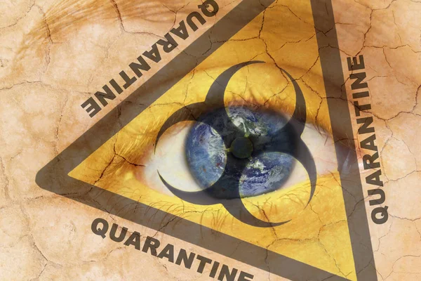 Coronavirus global Pandemic outbreak and quarantine concept. Creative composite of cracked woman skin with biohazard symbol, with the text Quarantane.