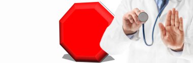 Dur levhası ve doktor el yasak işareti yapıyor. Hastalıklar hakkında doktor uyarısı. Sağlık hizmetleri.