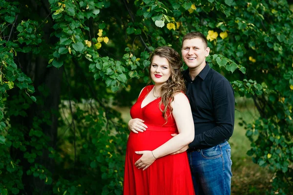 年轻的孕妇和她的丈夫拥抱在绿色公园 — 图库照片