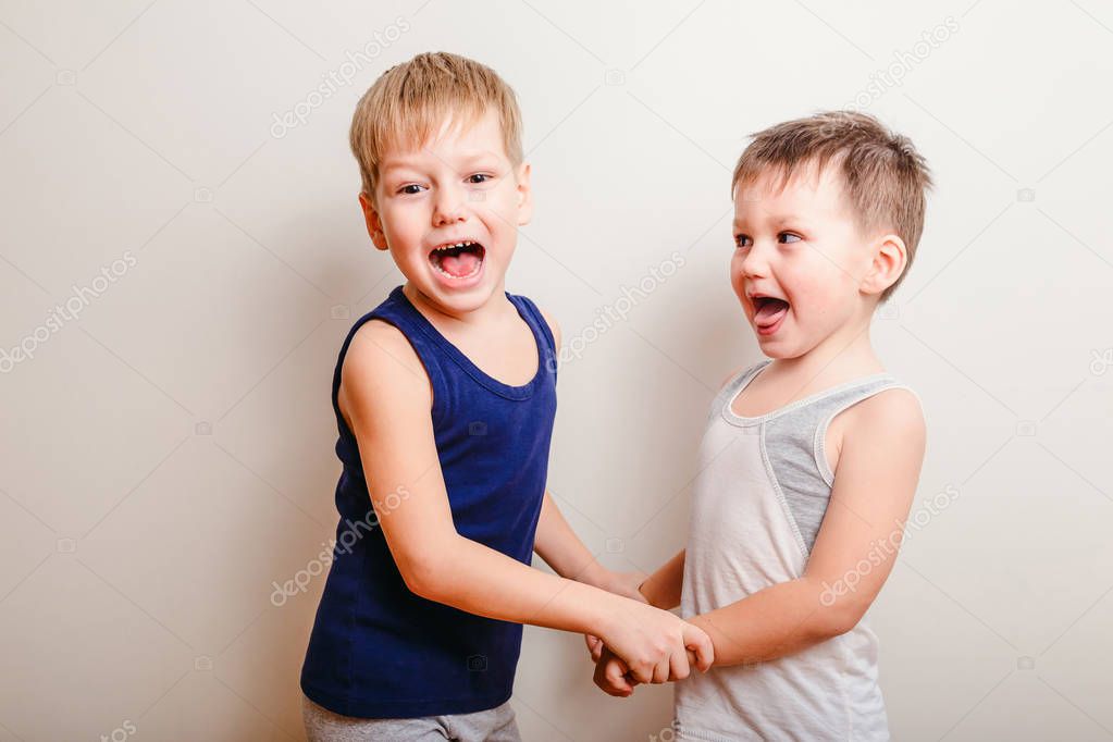 two cheerful little boys play together, hold hands and scream