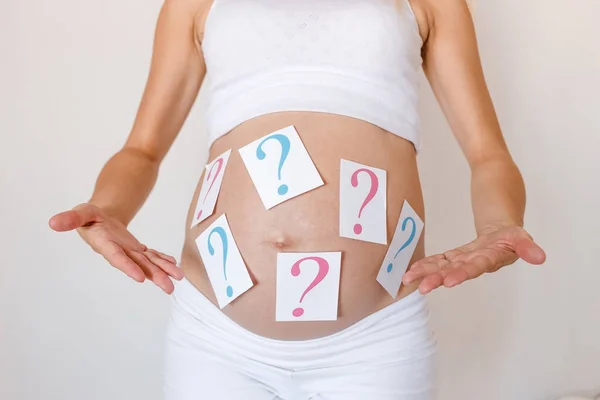 Signos Interrogación Estómago Mujer Embarazada Determinación Del Género Del Futuro — Foto de Stock