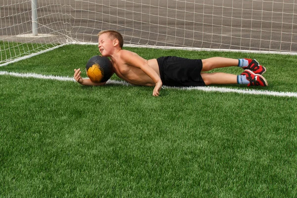 Boy Goalkeeper Catches Soccer Ball Stadium Fall Ball Football Boy — Stock Photo, Image