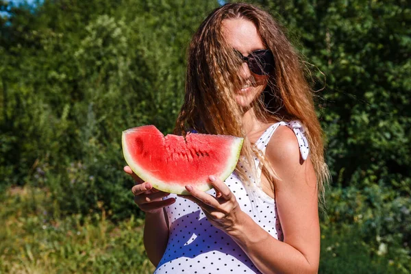 Happy Young Woman Sunglasses Piece Ripe Watermelon Outdoors — Stock Photo, Image