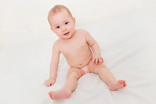 Cute Eight Month Old Baby One Sits Bed — Stock Photo, Image