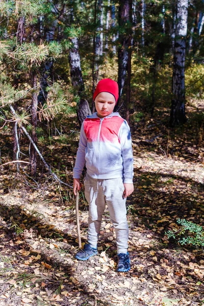 Сумний Хлопчик Стоїть Лісі Хлопчик Спортивному Одязі Червоному Капелюсі — стокове фото