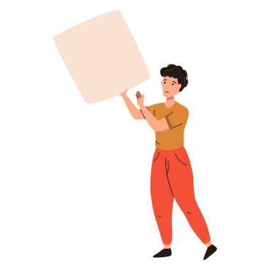 Ayakta duran ve pankart tutan aktivist adam. Beyaz arkaplanda izole edilmiş vektör düz illüstrasyon.